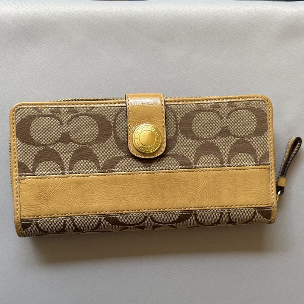 Coach Brown and Tan Signature Wallet with Button Closure